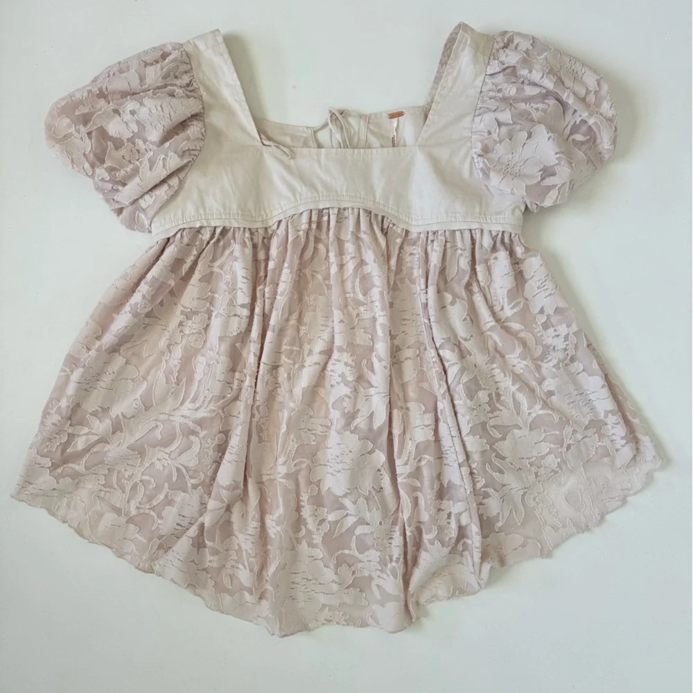 Free People Sunrise To Sunset Top XS Cream Lace Babydoll Boho Puff Sleeve
